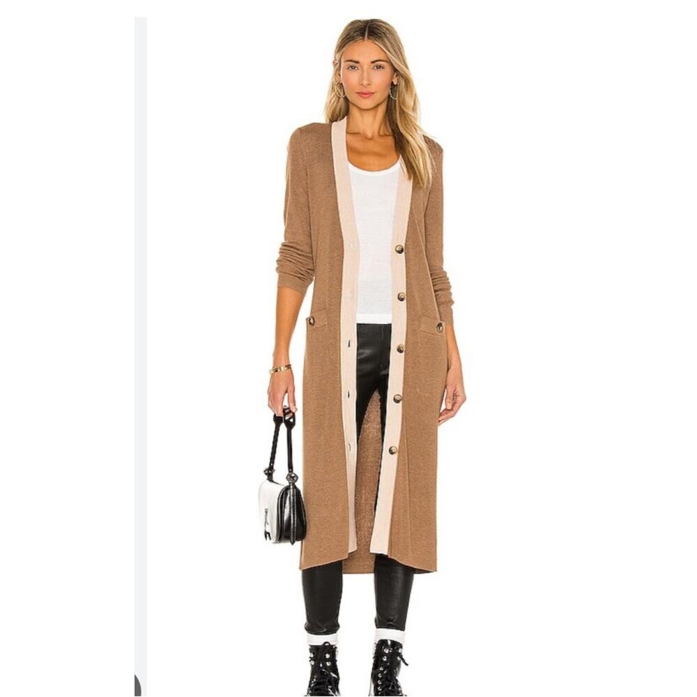 L'AGENCE Rebecca Ribbed Trim Long Cardigan Brown L/S Size Medium *no belt*